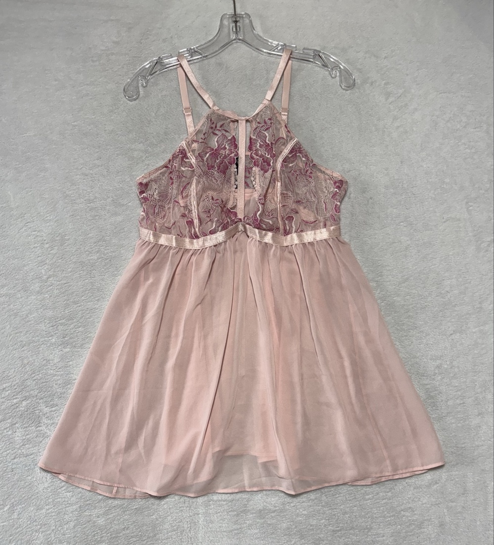 Torrid Curve Babydoll Gown Womens 2 Pink Chiffon Floral Lace High Neck Sleepwear